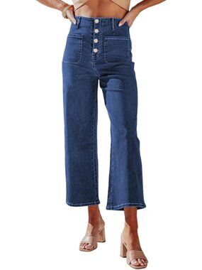 Women's Sail Blue High Waisted Jeans Stretchy Denim Pant Casual Wide Leg Jeans
